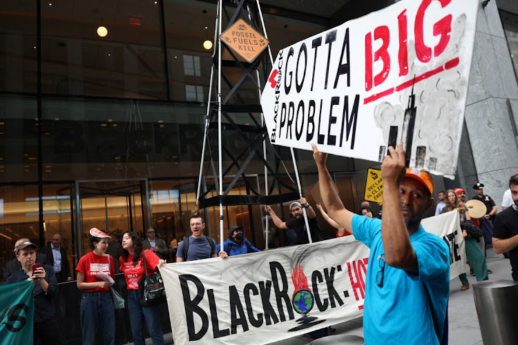 Climate activists protest outside the headquarters of Blackrock in Manhattan in New York City, New York, U.S., September 13, 2023.