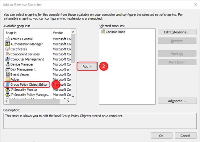 เลือก Group Policy Object Editor จากนั้นกด Add