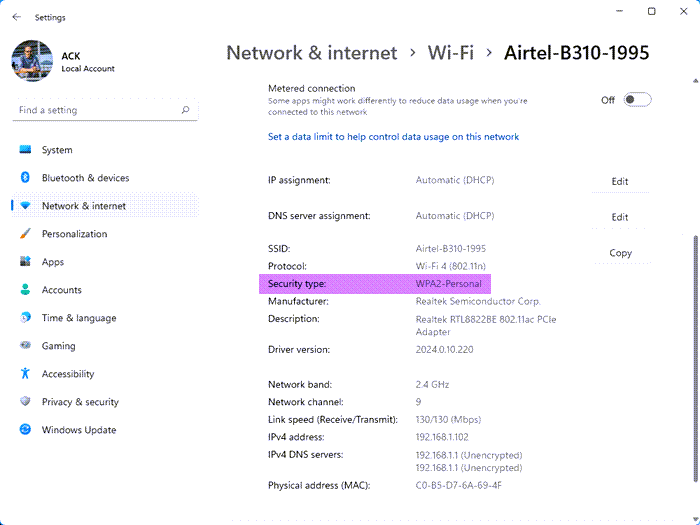 проверьте тип безопасности WiFi в Windows 11