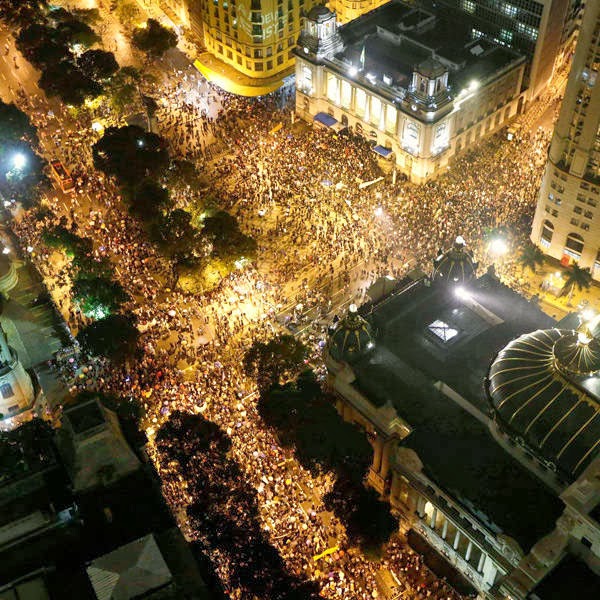 People pack the Cinelandia square during a march in support of teachers on strike in Rio de Janeiro, Brazil.