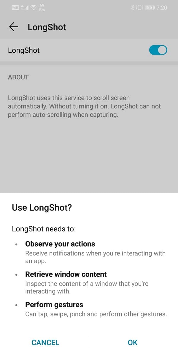 Включите переключатель рядом с Longshot |  Как делать скриншоты с прокруткой на Android