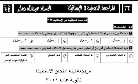 امتحان الاستاتيكا الصف الثالث الثانوى 2021 – مراجعة ليلة امتحان الاستاتيكا ثانوية عامة 2021