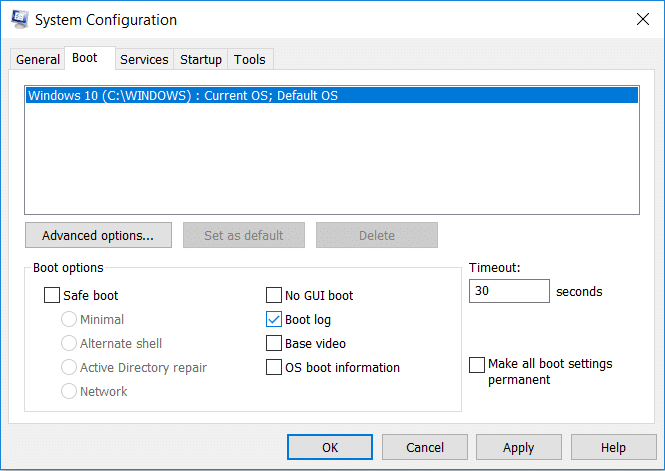 ブートログを有効にするには、[ブートオプション]の下の[ブートログ]にチェックマークを付けるだけです。