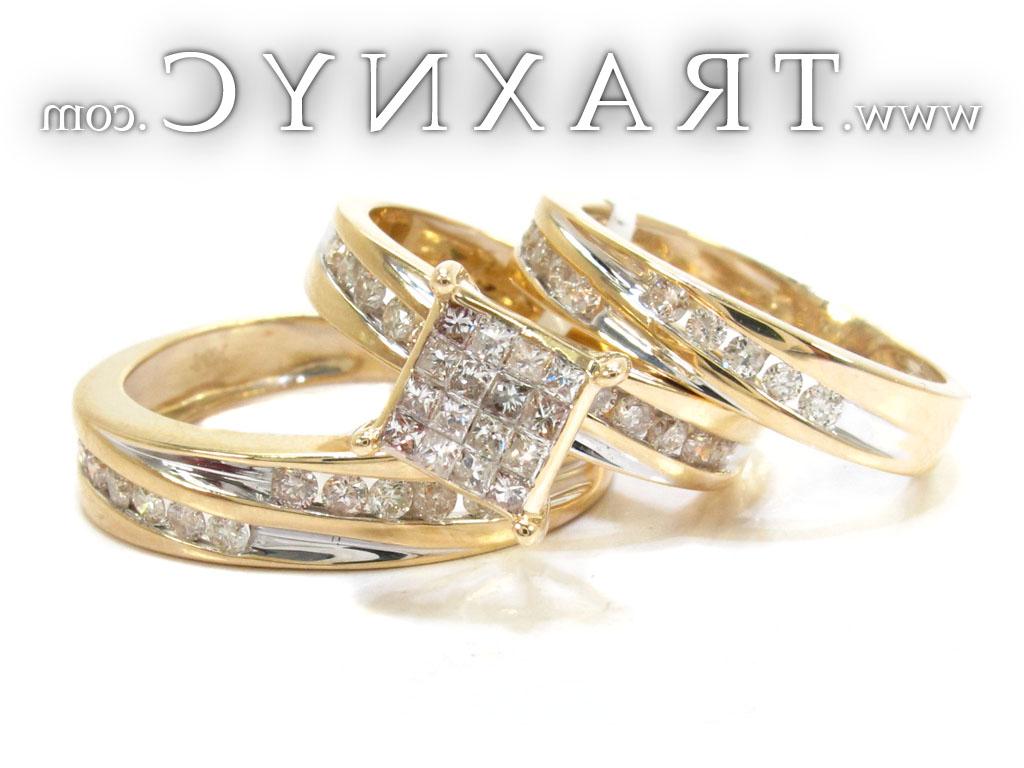 for Yellow Gold Round Princess Cut Channel Invisible Diamond Ring Set