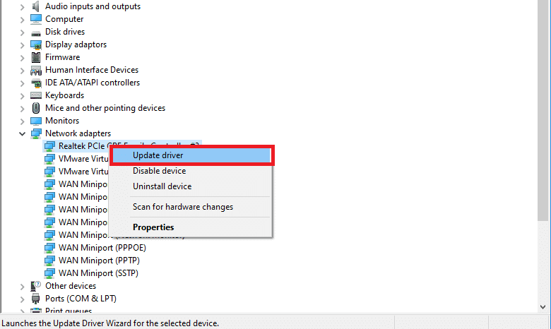 コンピューターに接続されているデバイスのリストでネットワークアダプターを探します。 右クリックして、[ドライバの更新]をクリックします。