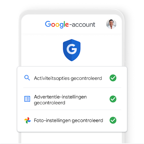 Het menu van een Google-account op een mobiel apparaat laat zien dat alle instellingen gecheckt zijn.