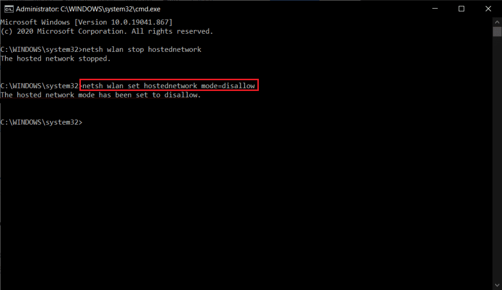 Para deshabilitar el dispositivo virtual por completo, escriba el comando en el símbolo del sistema.