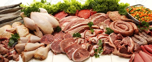 29027544-a-display-of-various-meats-including-chicken-steak-beef-fish-deli-meats-and-boerewors-on-a-white-stu