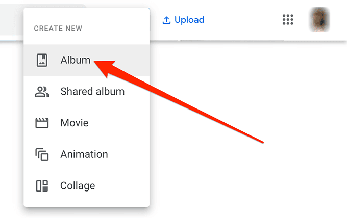 Menu Crea nuovo album in Google Foto