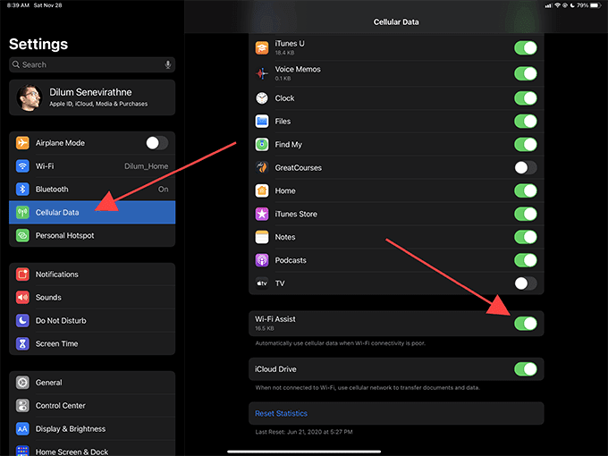 แท็บข้อมูลเซลลูลาร์และตัวช่วย Wi-Fi สลับ