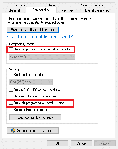 이 프로그램을 관리자로 실행하고 호환 모드에서 이 프로그램을 실행하십시오.