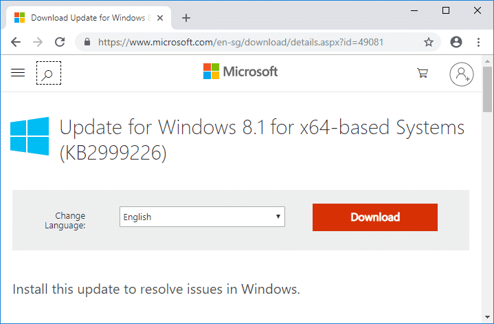 Pobierz i zainstaluj Windows8.1-KB2999226-x64.msu bezpośrednio ze strony Microsoft