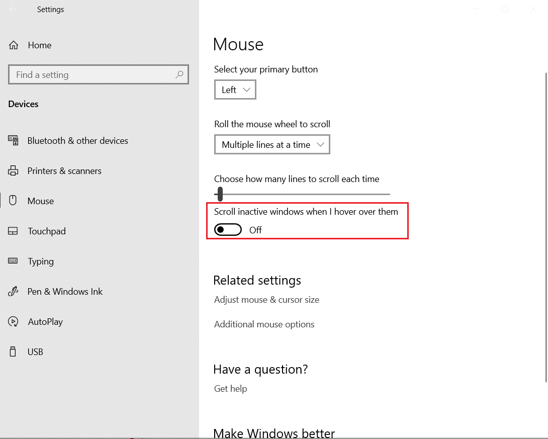 apague Desplazar ventanas inactivas cuando paso el mouse sobre ellas en la configuración del mouse