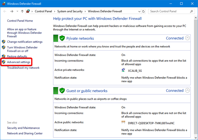 Abra la configuración avanzada en el Firewall de Windows Defender