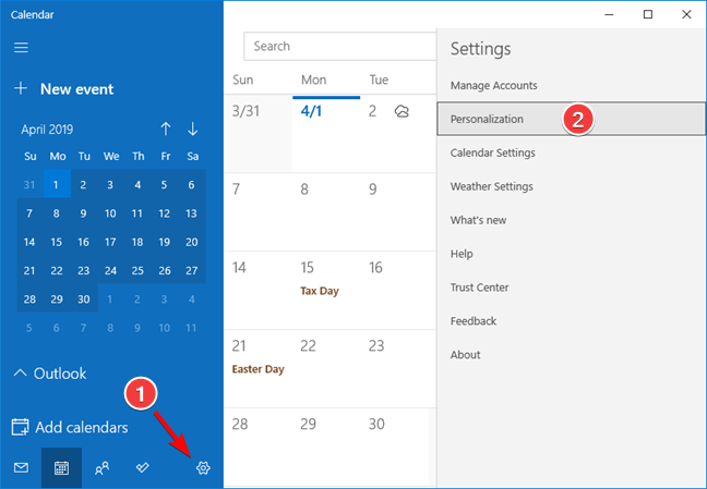 Abra la configuración de Personalización en la aplicación Calendario para Windows 10