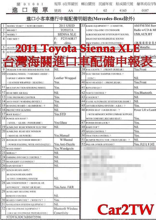 豐田汽車Toyota Sienna是台灣目前非常熱門進口車款，原因是因為八人座廂型車可以裝載八人之外，還可以載送行李貨品等非常實用，在加拿大及美國 Toyota Sienna更是一般台灣人家中必備車款，無論是接受小朋友上學下課，或是去超市買東西都沒問題，這款車也是最多華僑留學生運車回台灣車款之一，Toyota Sienna運車回台灣關稅如何計算呢？以這台2011 Toyota Sienna從美國西雅圖運車回台灣關稅17.5%，貨物關稅30%，所以進口車關稅需要繳納台幣35萬元左右，那從美國西亞圖運車回台灣還有哪些費用呢？通常安排美國境內跨州運車到洛杉磯托運費用美金$800-1100元，從洛杉磯運車到台灣汽車海運費用美金$600-800元，裝櫃費用美金$150，汽車出口報關費用及文件費用$150元，倉儲費用及碼頭吊櫃費用及港口拖車美金$250元左右，全部費用約美金$1500元，另外加上台灣ARTC驗車費用約台幣$8元左右。