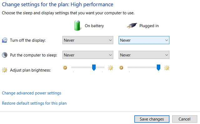 Pour le menu déroulant Éteindre l'écran, sélectionnez Jamais pour Sur batterie et Branché