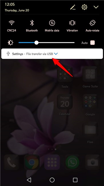 Notification des paramètres USB