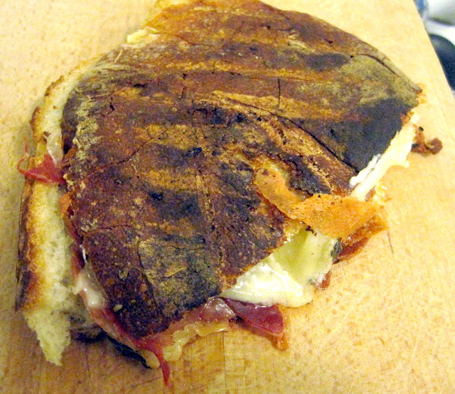  overhead shot of Pane in Cassetta <Grilled or Toasted Panino> with Prosciutto di Parma, Cheese, and Pane Pugliese