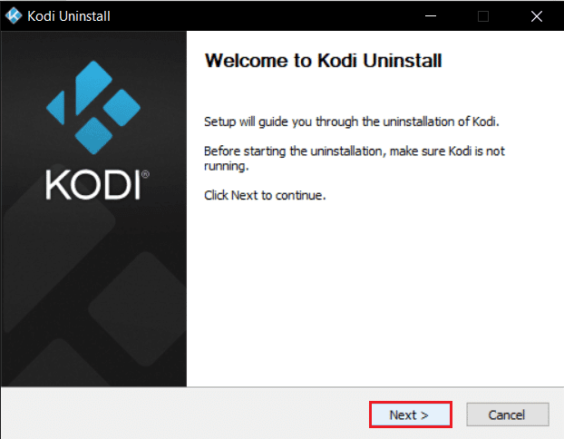 haga clic en el botón Siguiente en el asistente de desinstalación de Kodi