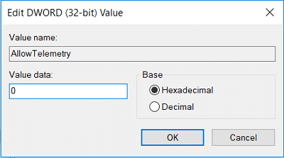 Modificare il valore su 0 della chiave AllowTelemetry e fare clic su OK