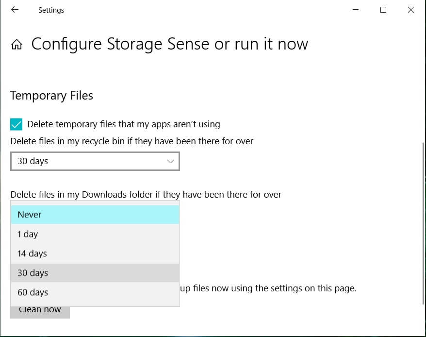 안함과 하루 등의 옵션 중에서 선택하십시오. |  Windows 10에서 하드 디스크 공간을 확보하는 10가지 방법