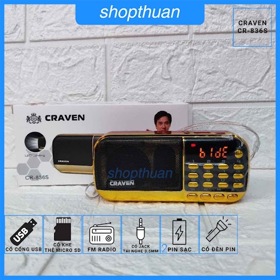 Loa Thẻ Nhớ Craven Cr - 836S - 2 Pin - Nghe Thẻ Nhớ, Usb 2.0, Fm Radio - Có Đèn Pin