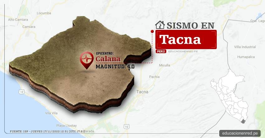 Temblor en Tacna de Magnitud 4.0 (Hoy Jueves 17 Noviembre 2022) Sismo - Epicentro - Calana - IGP - www.igp.gob.pe