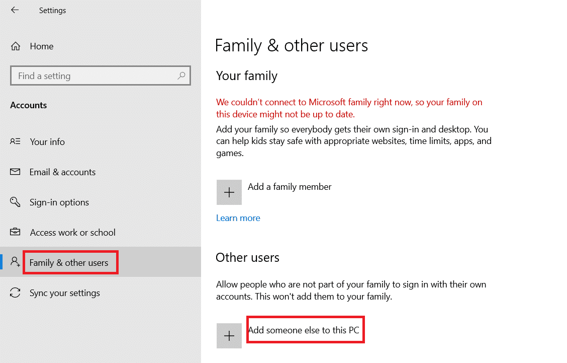 Klik op familie en andere gebruikers en voeg iemand anders toe aan deze pc