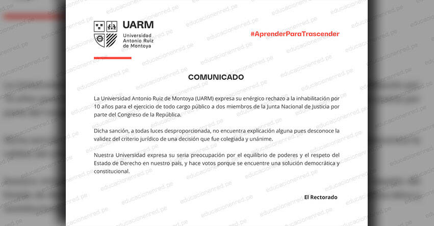 UARM: La Universidad Antonio Ruiz de Montoya rechaza inhabilitación por 10 años para el ejercicio de cargo público a miembros de la JNJ