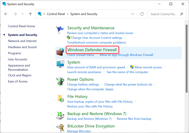 เปิดไฟร์วอลล์ Windows Defender จากแผงควบคุม