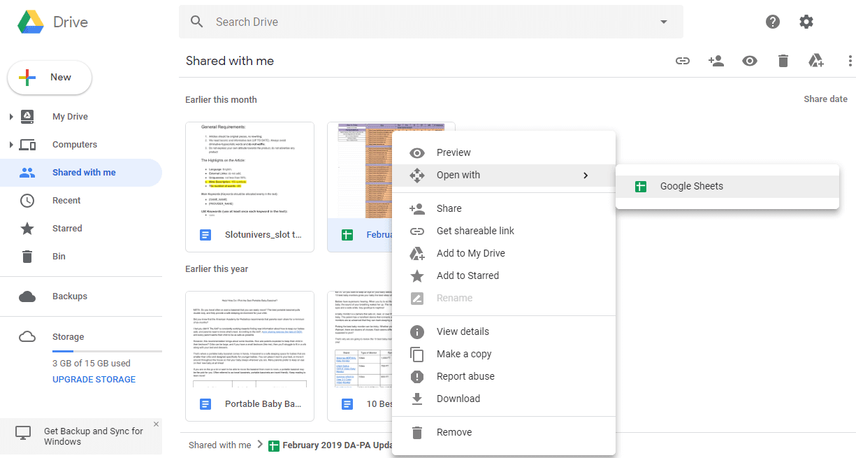 Haga clic derecho en el archivo xlsx y ábralo con Hojas de cálculo de Google