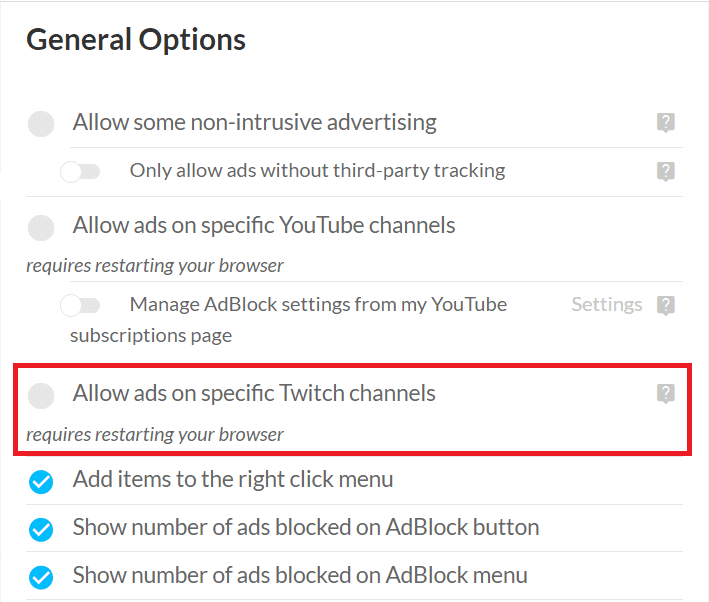 Tìm tùy chọn Cho phép quảng cáo trên các kênh Twitch cụ thể và bỏ chọn nó |  Sửa lỗi Adblock không hoạt động trên Twitch