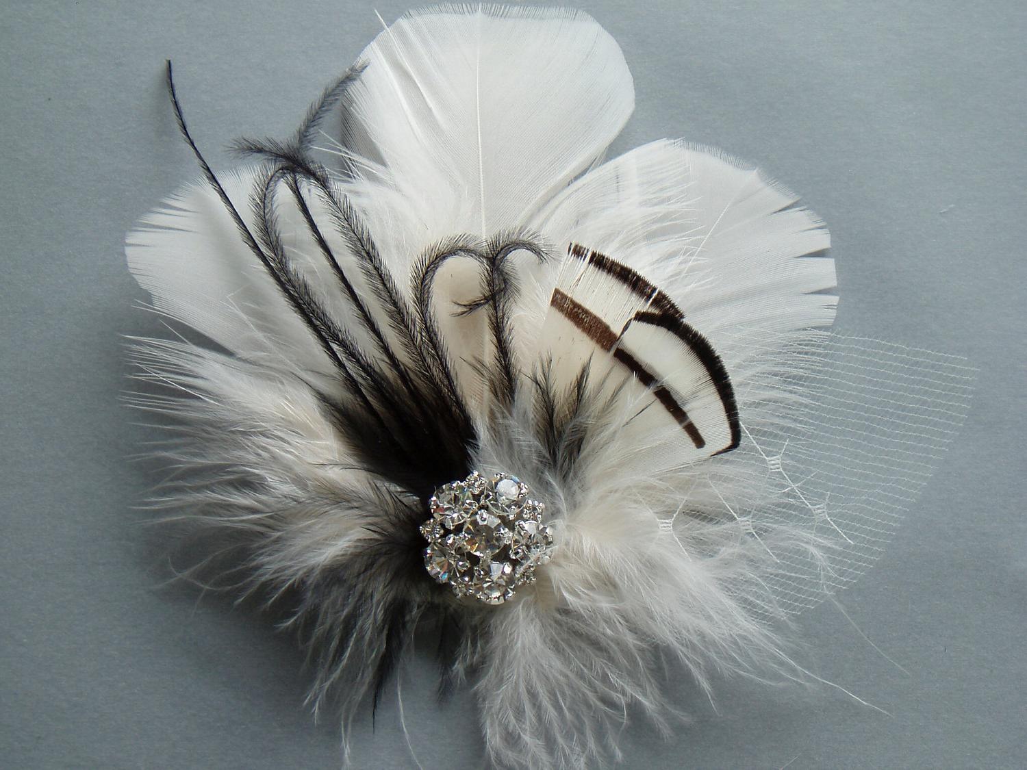 Wedding Feather Hair Clip IVORY BLACK Bridal Fascinator,