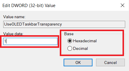 Nastavte Base na Hexadecimální a Value Data na 1