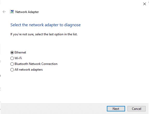 Kies Ethernet onder het venster Selecteer de netwerkadapter om te diagnosticeren.  Hoe te repareren Ethernet heeft geen geldige IP-configuratiefout