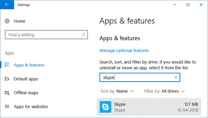 Maintenant, sous Applications et fonctionnalités, tapez skype dans la zone de recherche