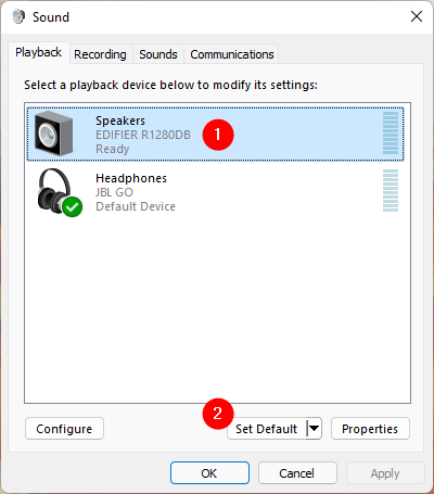 Select default speakers on a Windows 11 PC