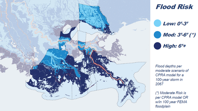 A state map shows areas of southern Louisiana at the greatest risk of flooding. Graphic: Bloomberg News