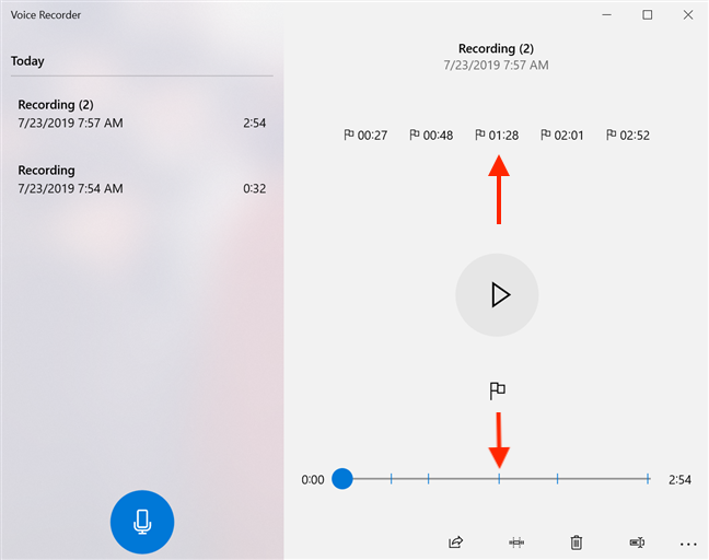 録音のマーカーをクリックして、録音のその部分にジャンプします