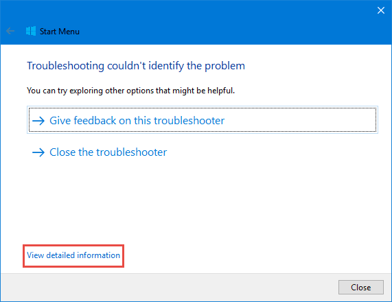 Windows 10, menú de inicio, solucionador de problemas