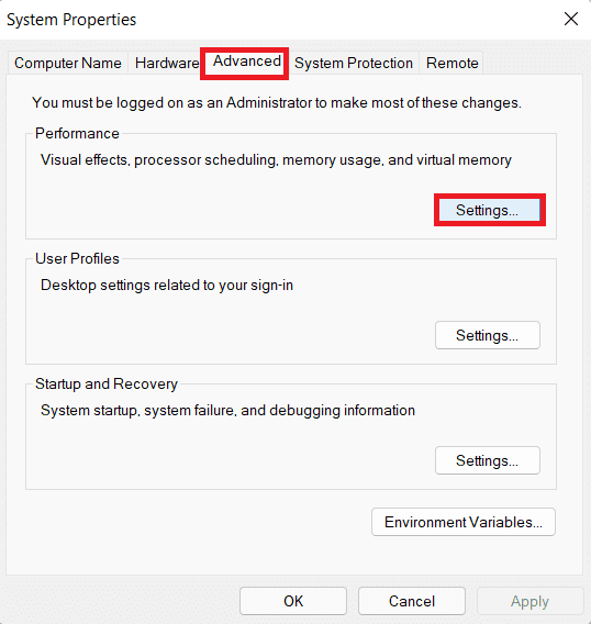 přejděte na kartu Upřesnit a vyberte tlačítko Nastavení pro Výkon ve vlastnostech systému.  Oprava Halo Infinite Customization, která se nenačítá ve Windows 11