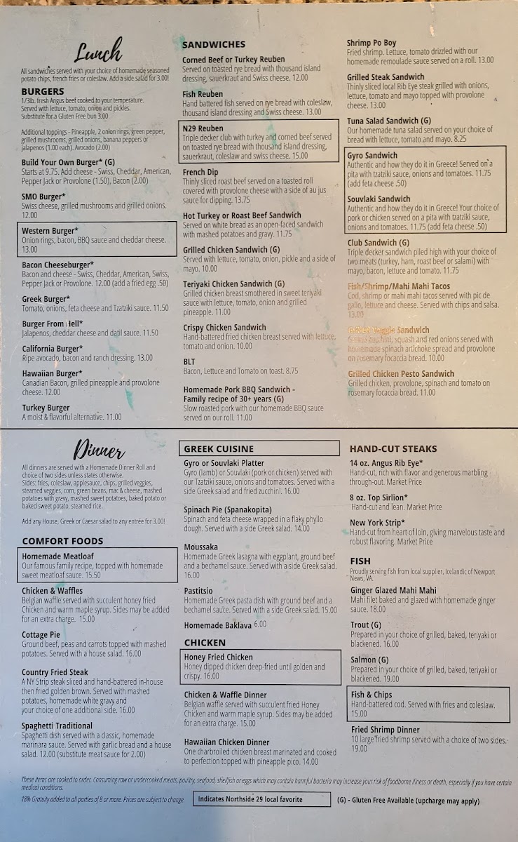 Northside 29 gluten-free menu