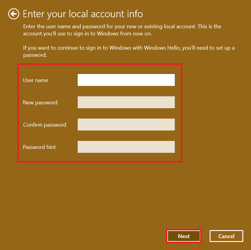 Información de la cuenta local.  Cómo crear una cuenta local en Windows 11