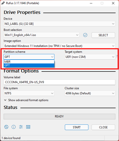 Choose between GPT (UEFI, non CSM) and MBR (BIOS, UEFI-CSM)