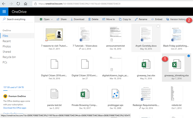 OneDrive, historial de versiones