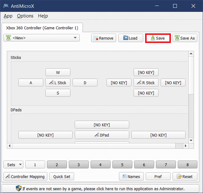 Klik bovenaan op Opslaan.  Hoe de controller aan het toetsenbord toe te wijzen