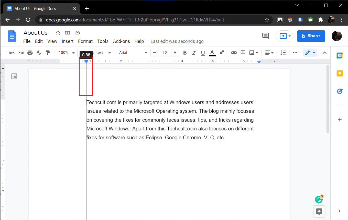 Haga clic en la flecha de color azul que apunta hacia abajo y arrástrela en Google Docs.  Cómo crear una sangría colgante en Word y Google Docs