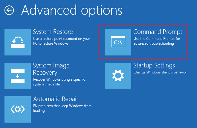 dans les paramètres avancés, cliquez sur l'option Invite de commandes.  Comment réparer l'écran blanc de la mort d'un ordinateur portable sous Windows