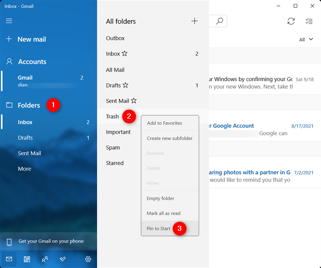 Maak een e-mailmap vast aan Start in Windows 11